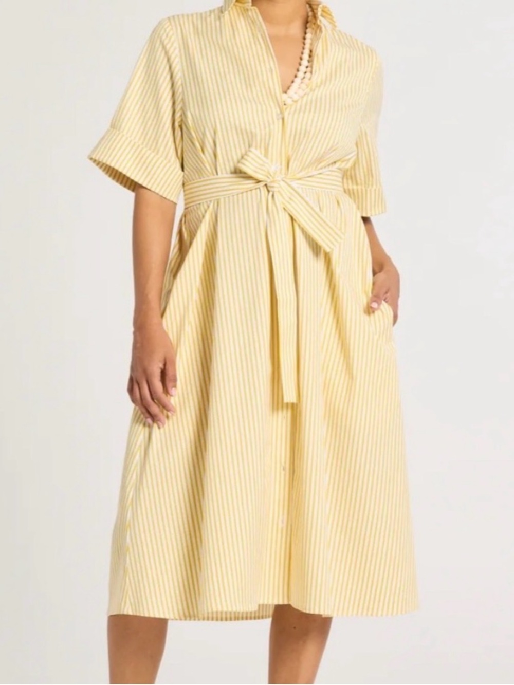 Striped Yellow Shirt Dress with Waist Tie